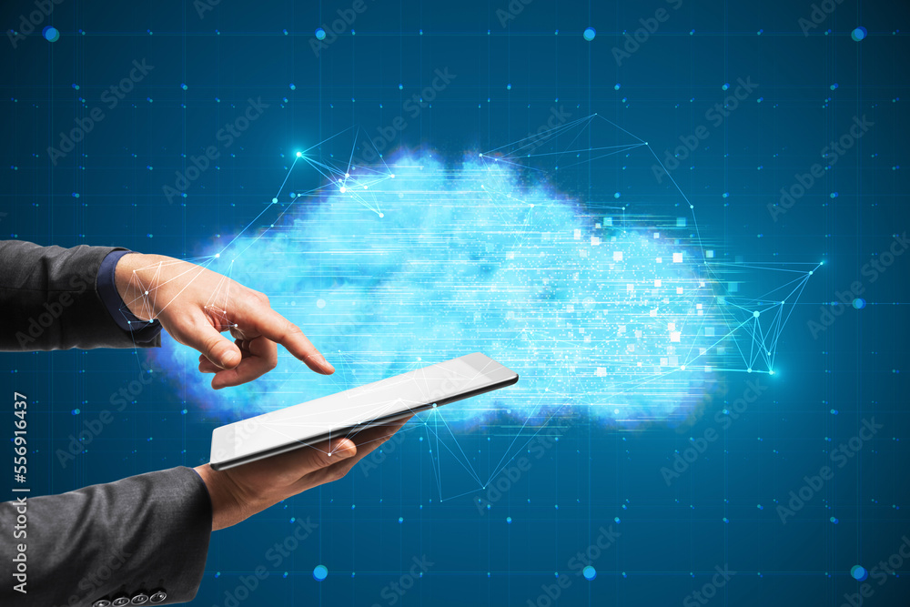 Poster Close up of businessman hand pointing at cellphone with digital glowing polygonal cloud mesh on blurry blue background. Storage technology concepts transfer data to cloud computing platforms.