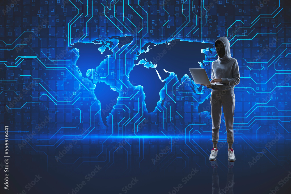 Aufkleber Hacker in hoodie using laptop with creative digital futuristic circuit map hologram. Digital communication innovation, hacking and technology concepts.
