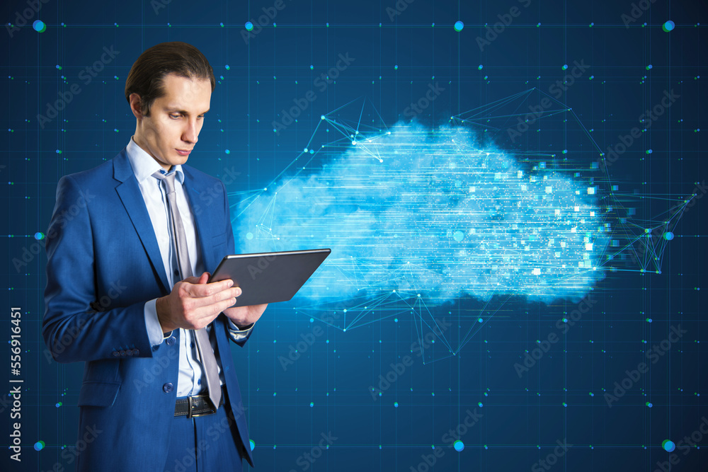 Poster attractive young european businessman using tablet with digital glowing polygonal cloud mesh on blur