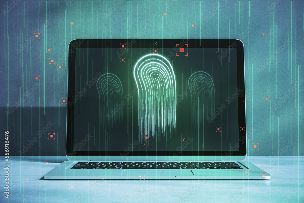 Poster Close up of laptop with abstract glowing fingerprint on screen. Forensics and ID concept. 3D Rendering.