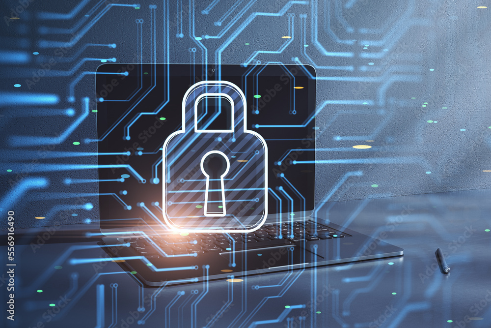 Poster close up of laptop with glowing padlock and circuit hologram on blurry background. secure, safety an