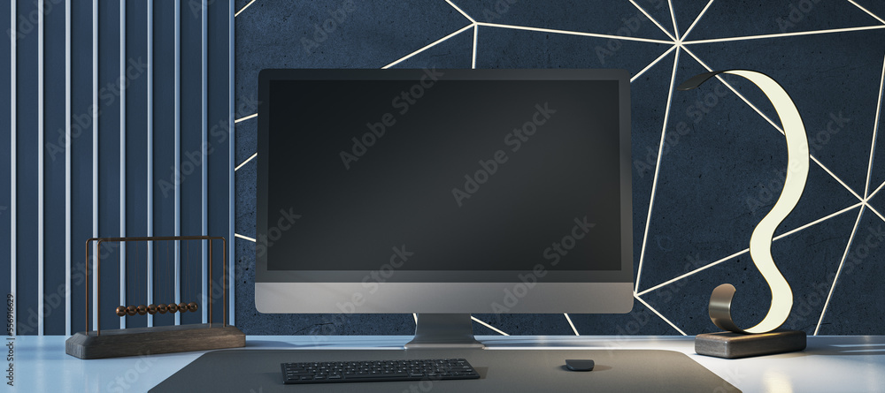 Poster Close up of luxury designer desktop with empty black computer monitor, various items and blue wall. Mock up, 3D Rendering.