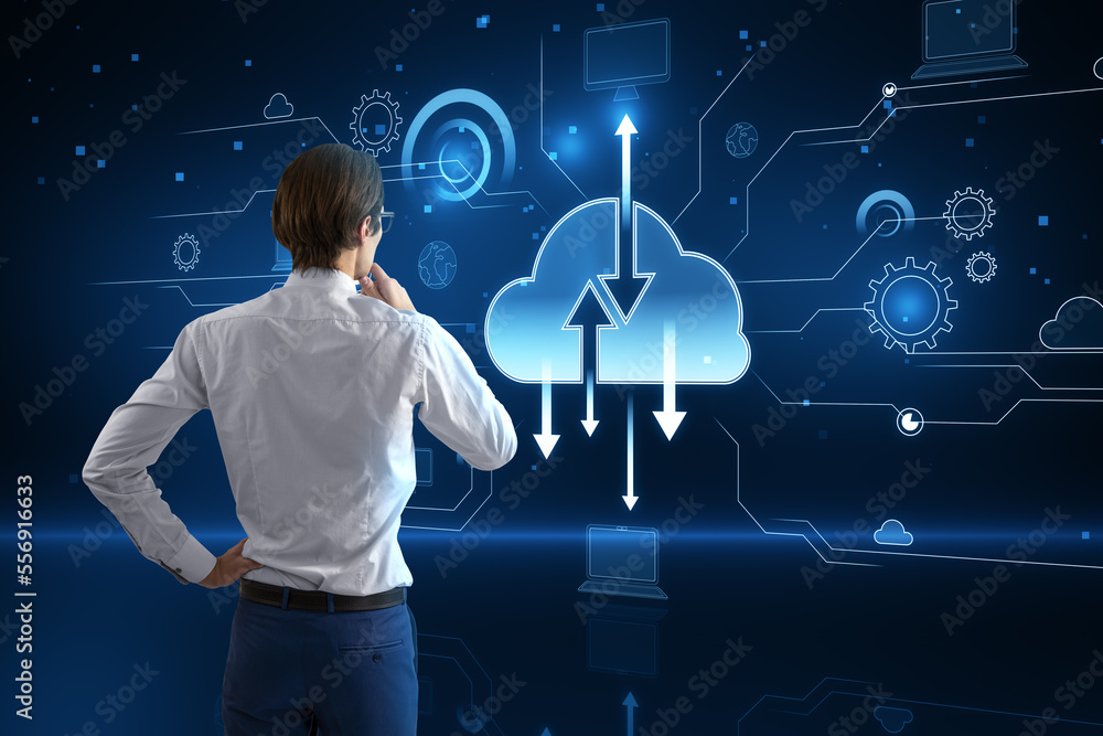 Poster back view of attractive thoughtful young european businessman with glowing digital cloud computing h