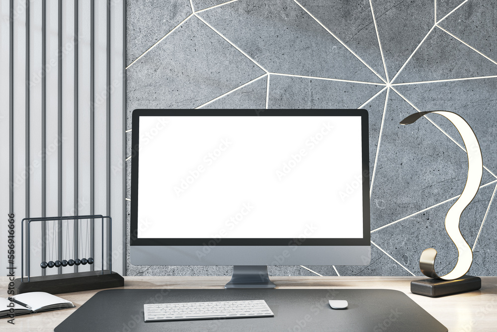 Poster Close up of creative designer desk top with empty white computer monitor, various items and light concrete wall. Mock up, 3D Rendering.