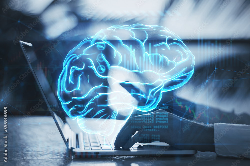 Poster close up of male hands using laptop keyboard and cellphone with glowing digital brain hologram on bl