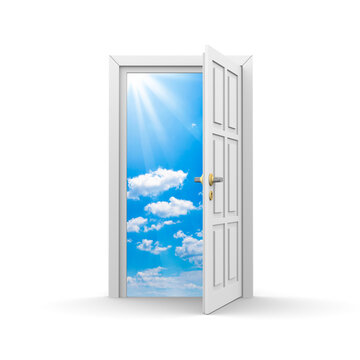 3d illustration door with sky over white background