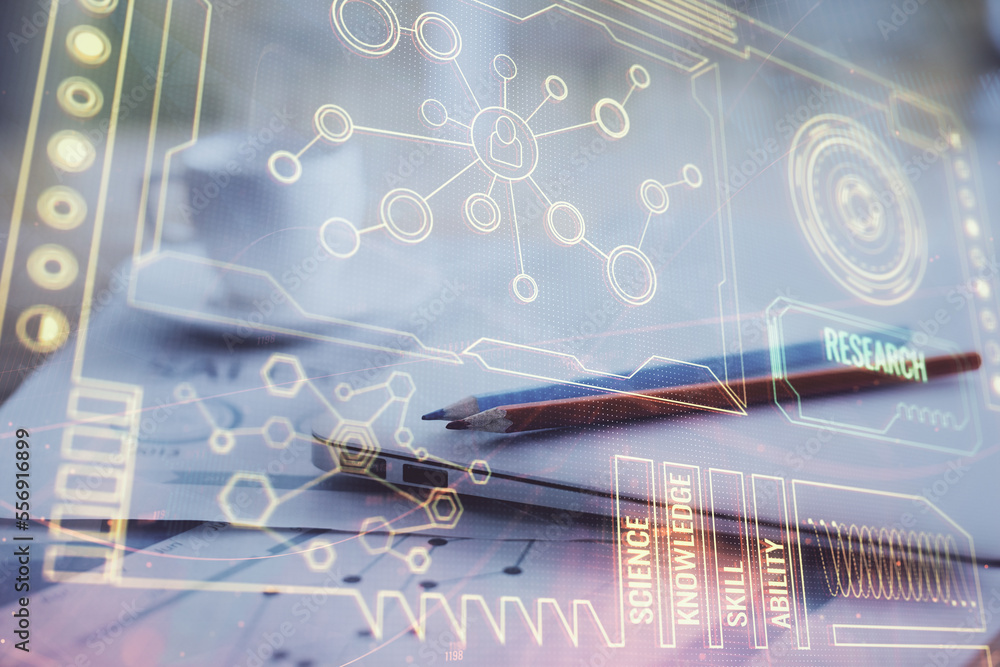 Poster Double exposure of table with computer on background and data theme hologram. Data technology concept.