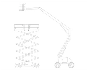 Set of vector sketches of self-propelled construction lifting platforms. Scissor and knee lift.