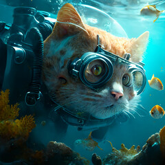 Red cat scuba diving. AI generated