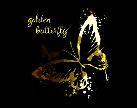 Gold abstract butterfly on black background with reflection. Vector illustration