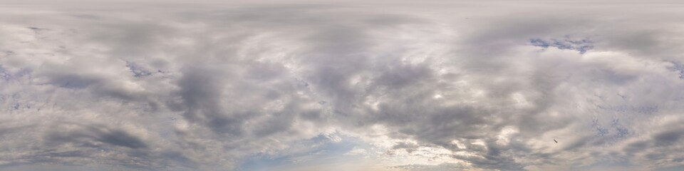 Overcast sky panorama on rainy day with Nimbostratus clouds in seamless spherical equirectangular format. Full zenith for use in 3D graphics, game and for aerial drone 360 degree panorama as sky dome.