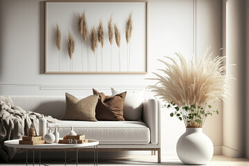 Mockup of a blank horizontal poster frame in a modern living room with a background in a Scandinavian style living room, a beige sofa, and pampas grass. Generative AI