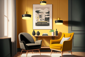 living room design in interior. Realistic wooden light on a square table. Yellow and black fabric armchair. Golden hanging lamps. wall mounted shelf a really simple composition. Image in format