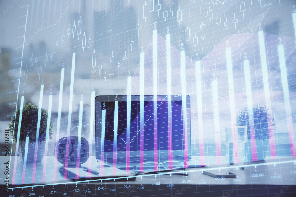 Poster Stock market graph and table with computer background. Double exposure. Concept of financial analysis.