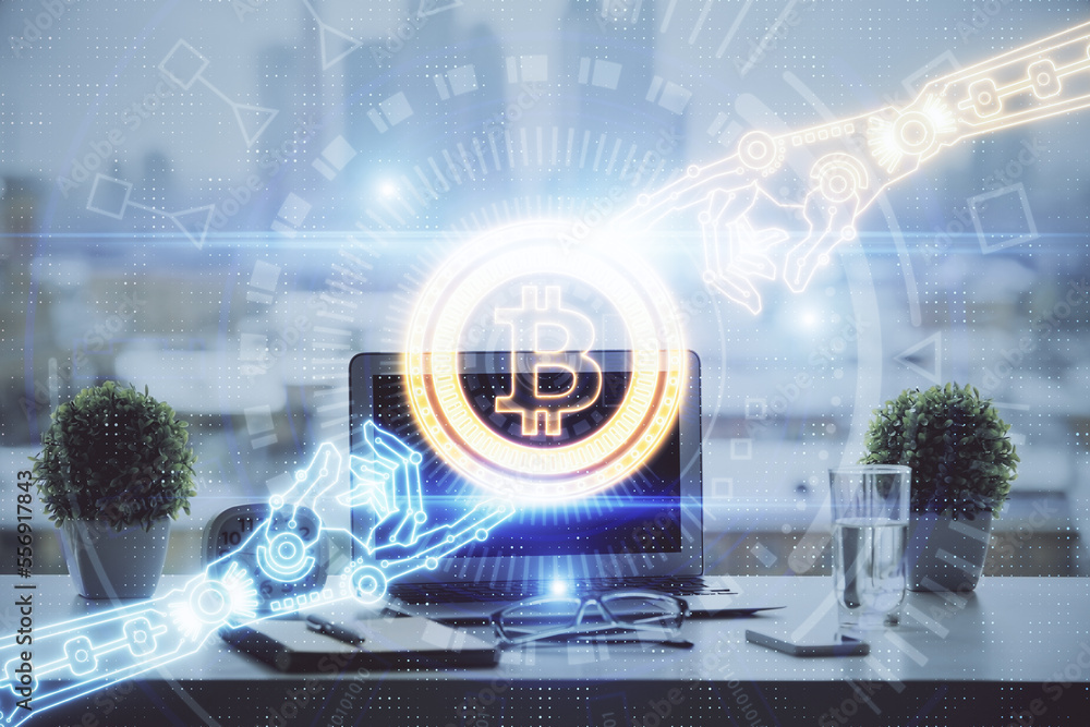 Poster Double exposure of blockchain and crypto economy theme hologram and table with computer background. Concept of bitcoin cryptocurrency.