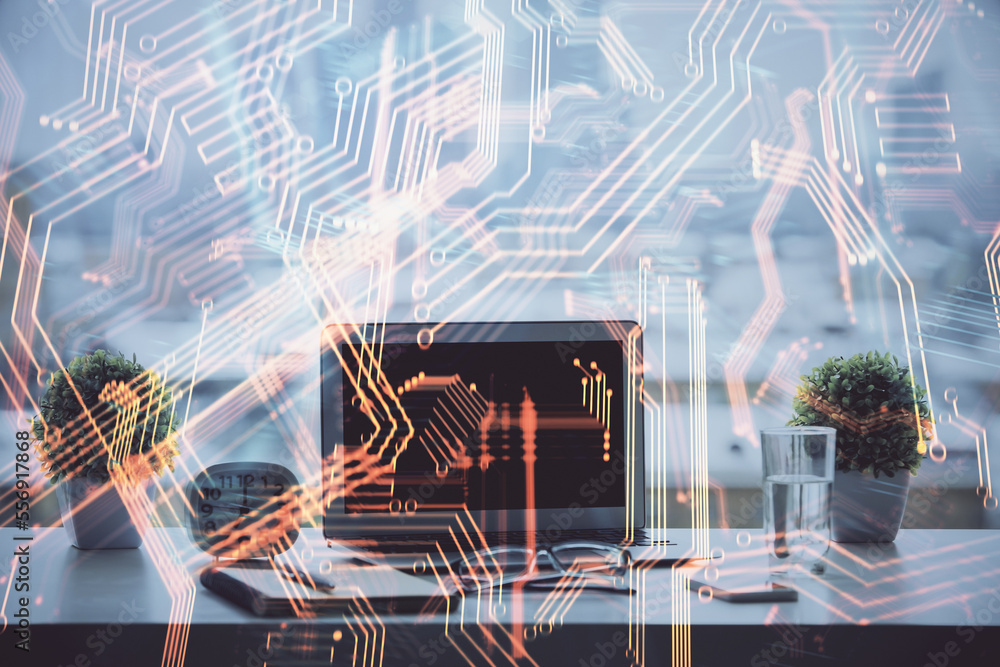 Poster Computer on desktop in office with technology theme hologram. Double exposure. Tech concept.