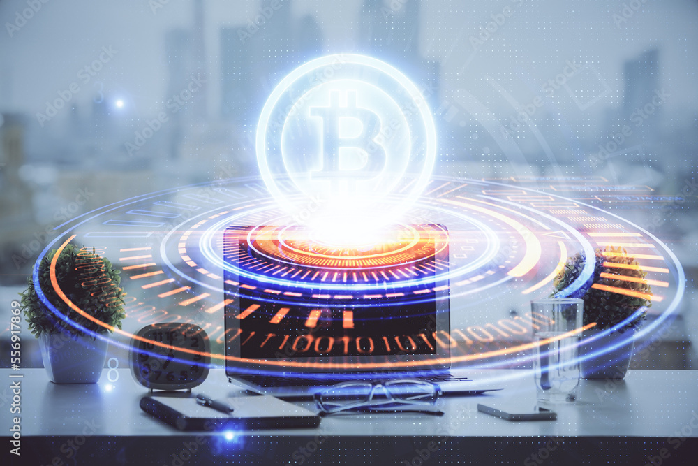 Poster Double exposure of blockchain and crypto economy theme hologram and table with computer background. Concept of bitcoin cryptocurrency.