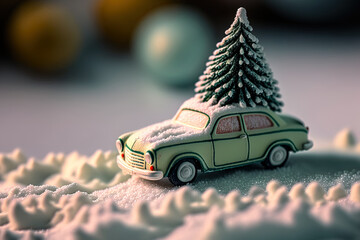 A little ornament adorned automobile toy is shown on top of fake snow with a Christmas tree in the background. Generative AI