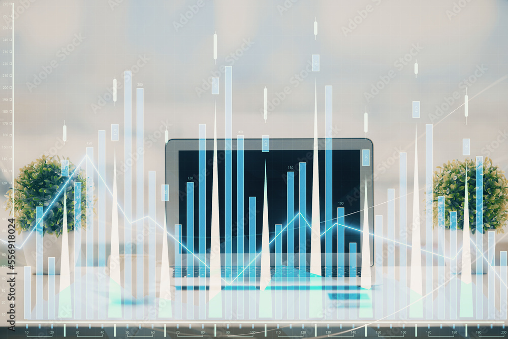 Poster Stock market graph on background with desk and personal computer. Double exposure. Concept of financial analysis.