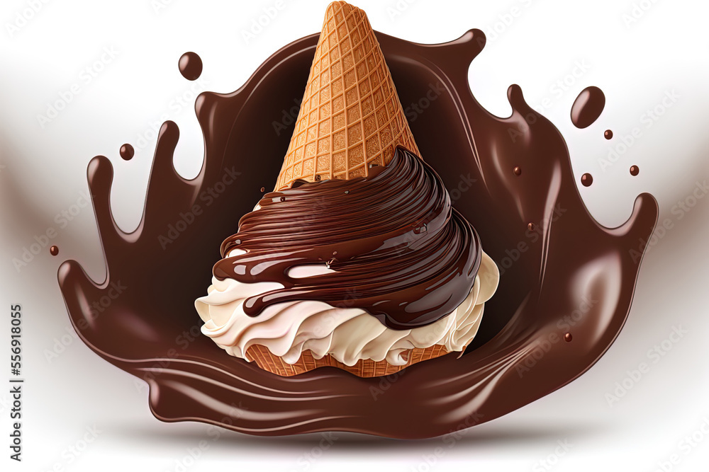 Poster isolated soft serve chocolate ice cream on a waffle cone with a dash of chocolate. realistic ice cre