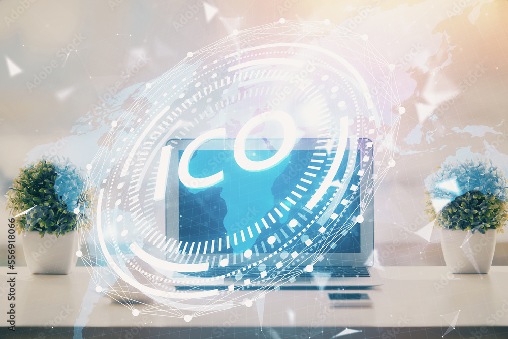 Poster Double exposure of blockchain and crypto economy theme hologram and table with computer background. Concept of bitcoin cryptocurrency.