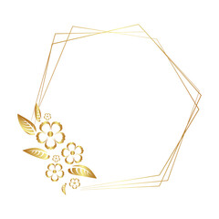 
Geometric golden frame with flowers and leaves on a white background.
