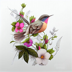 Illustration of a bird with flowers. beautiful color bird on flora. Leaves, twigs and flowers on a white background.