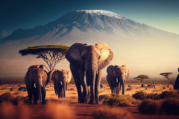 Elephant in Mt. Kilimanjaro landscape, Generative AI