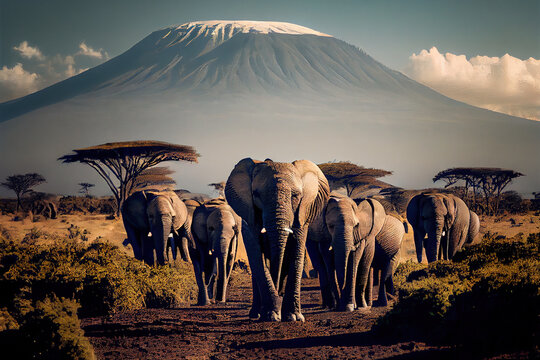 Elephant in Mt. Kilimanjaro landscape, Generative AI