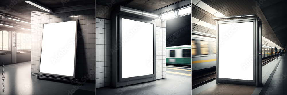 Poster light box screen with white blank space for advertisement and hand railings to the right. blank bill