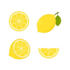 Set of lemons. Lemon slices. Fresh lemon isolated on white background. Vector illustration. 