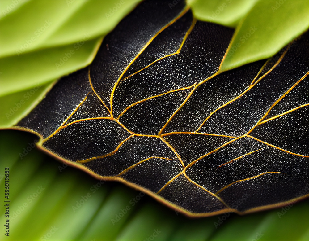 Poster Close up Beautiful abstract leaf in light. Minimalism modern style concept. Dark Background pattern for design.	