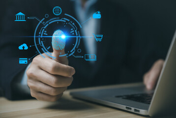 businessman's hand scans fingerprints through a virtual screen. Cybersecurity code concept for biometric authentication.	
