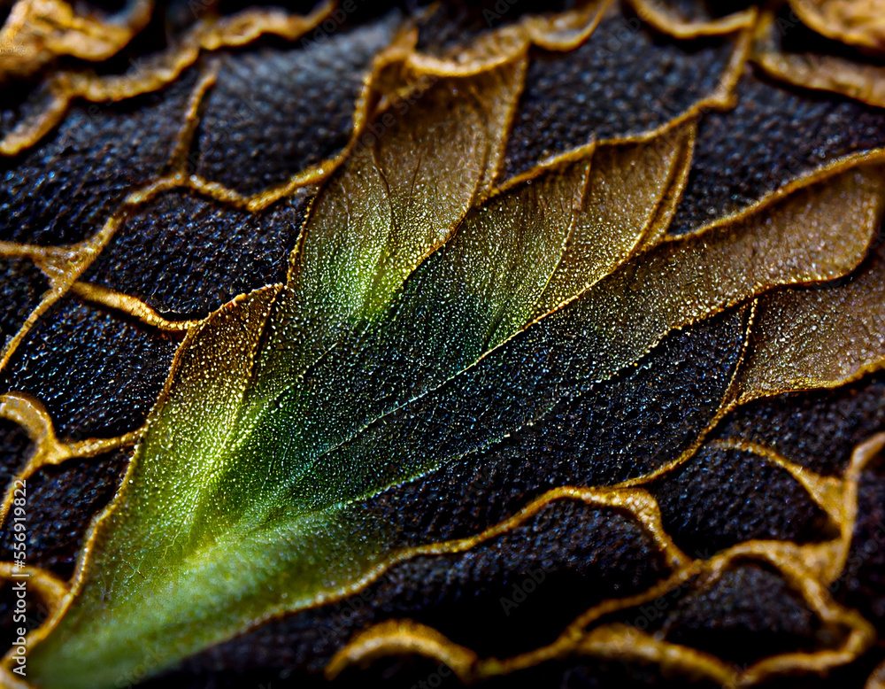 Poster Close up Beautiful abstract leaf in light. Minimalism modern style concept. Dark Background pattern for design.	