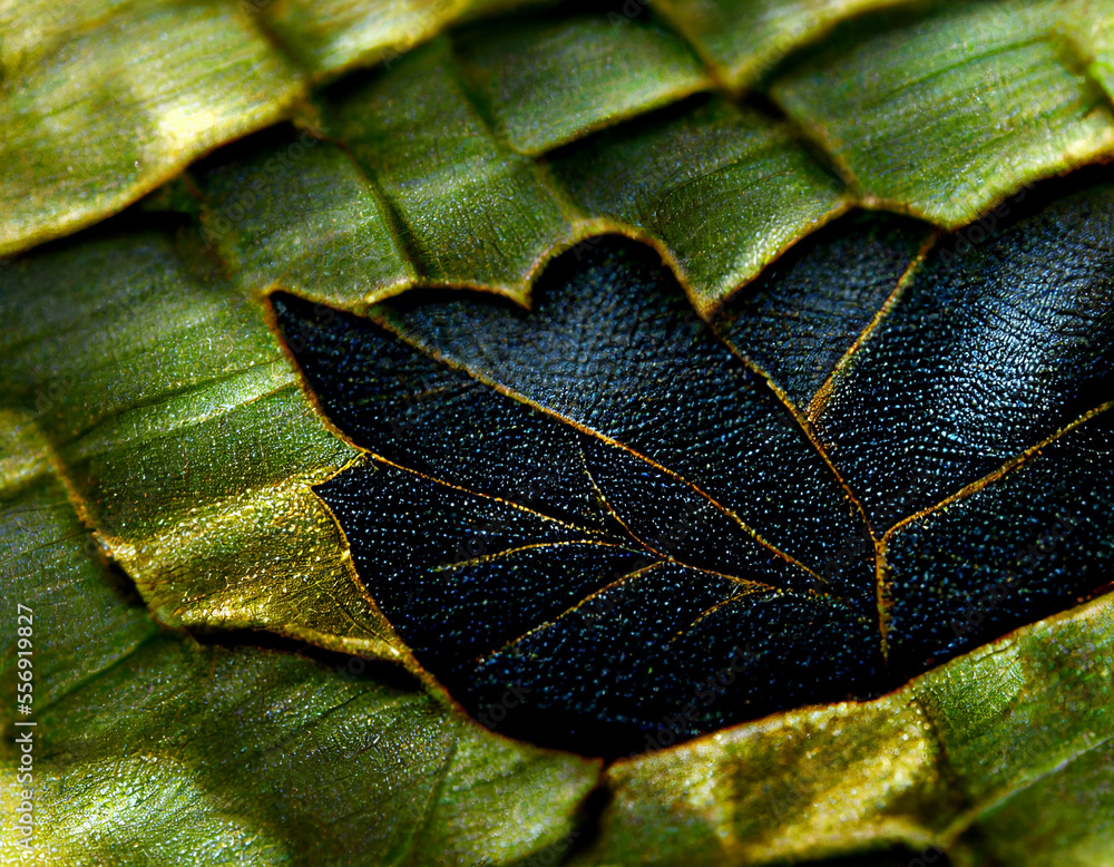 Poster Close up Beautiful abstract leaf in light. Minimalism modern style concept. Dark Background pattern for design.	