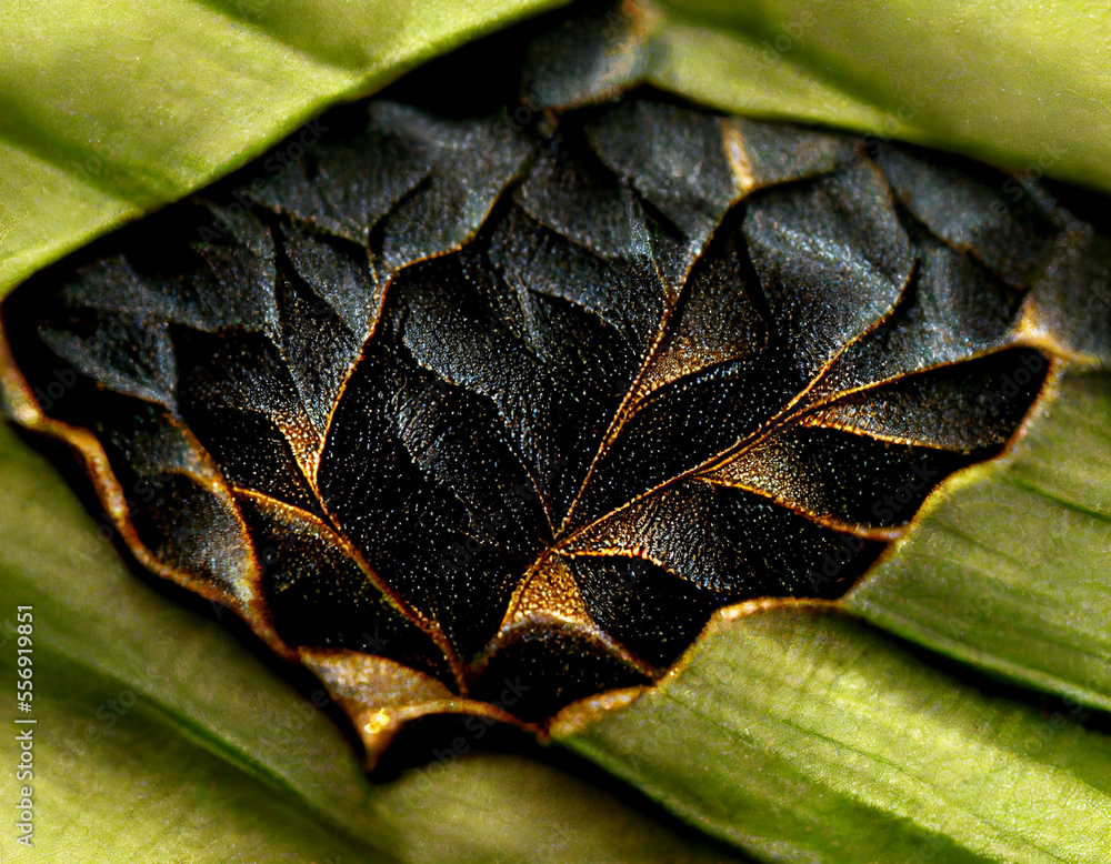 Poster Close up Beautiful abstract leaf in light. Minimalism modern style concept. Dark Background pattern for design.	
