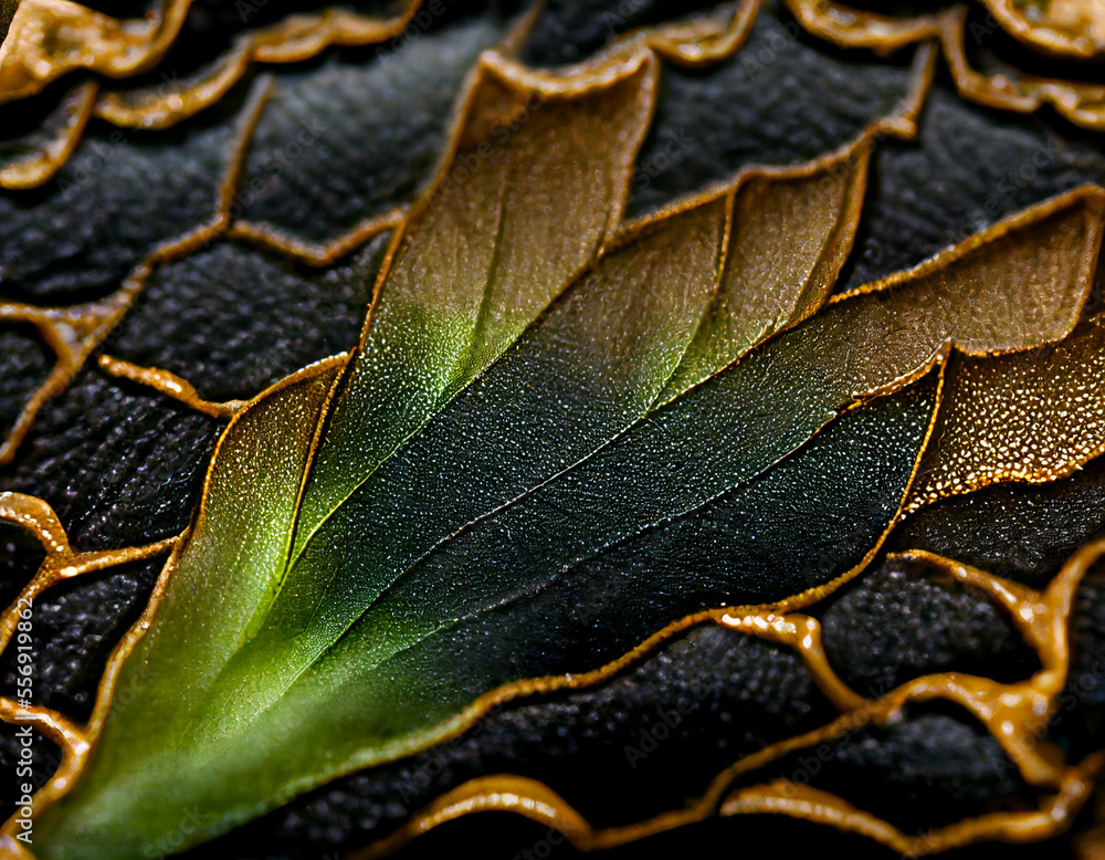 Poster Close up Beautiful abstract leaf in light. Minimalism modern style concept. Dark Background pattern for design.	