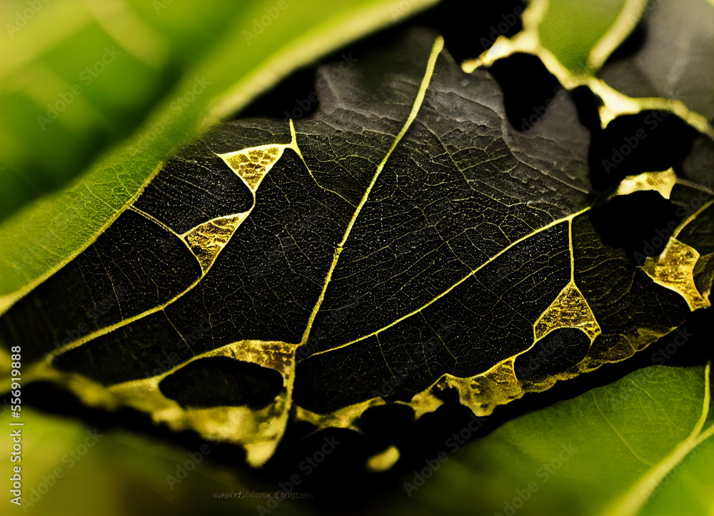 Poster Close up Beautiful abstract leaf in light. Minimalism modern style concept. Dark Background pattern for design.	