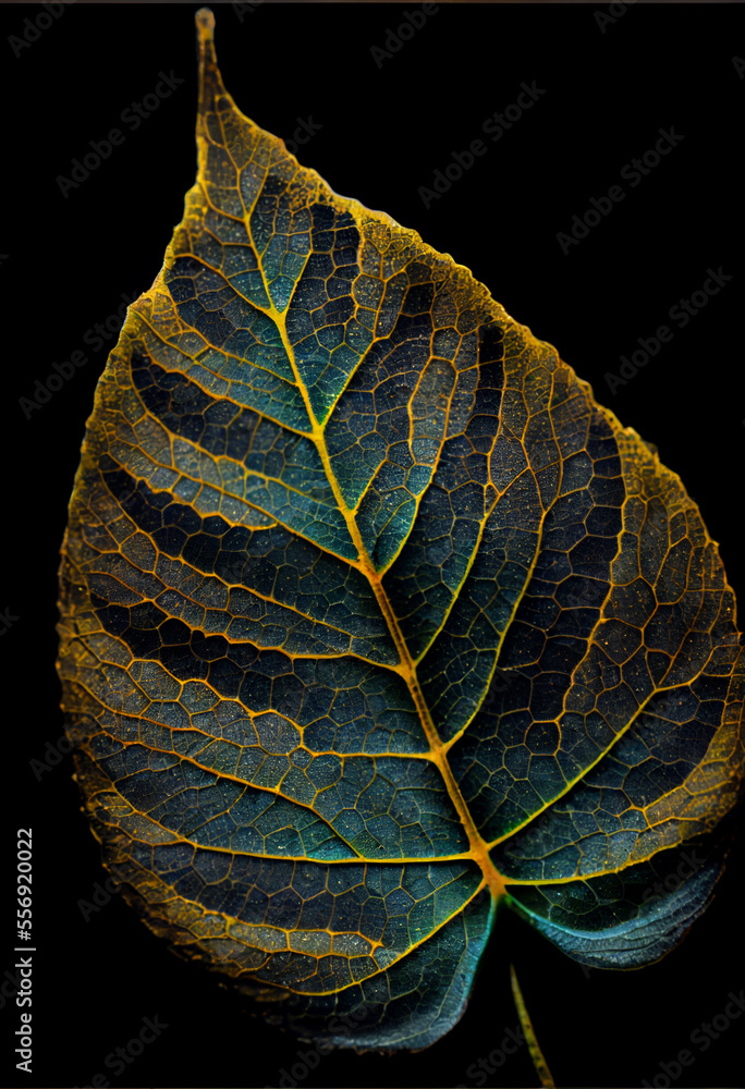 Poster Close up Beautiful abstract leaf in light. Minimalism modern style concept. Dark Background pattern for design.	