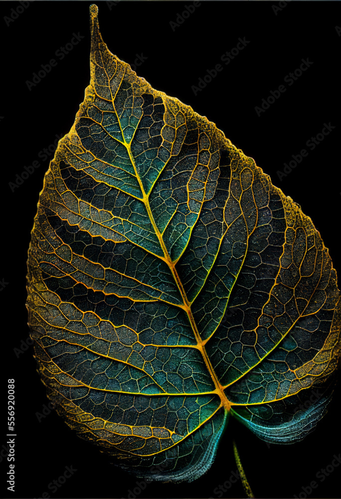 Poster Close up Beautiful abstract leaf in light. Minimalism modern style concept. Dark Background pattern for design.	