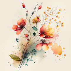 Watercolor flowers and leaves illustration Generative AI 