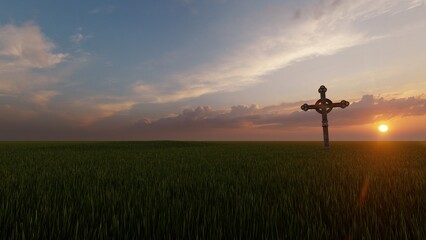 Fototapeta na wymiar cross in the grass field 3d render