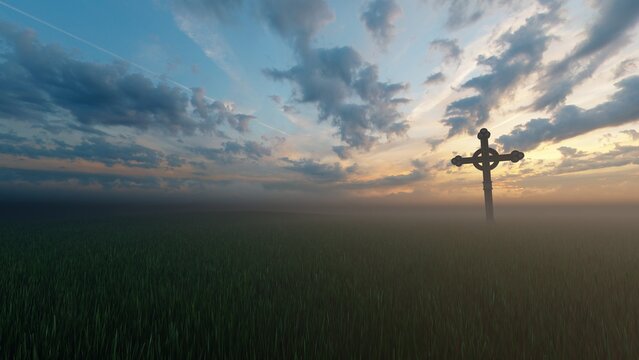 cross in the grass field 3d render