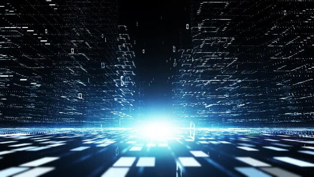 Seamless loop digital city with binary code data animation background.
