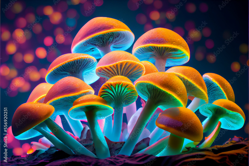 Aufkleber close up beautiful bunch mushrooms color light in the tree background texture. macro photography vie
