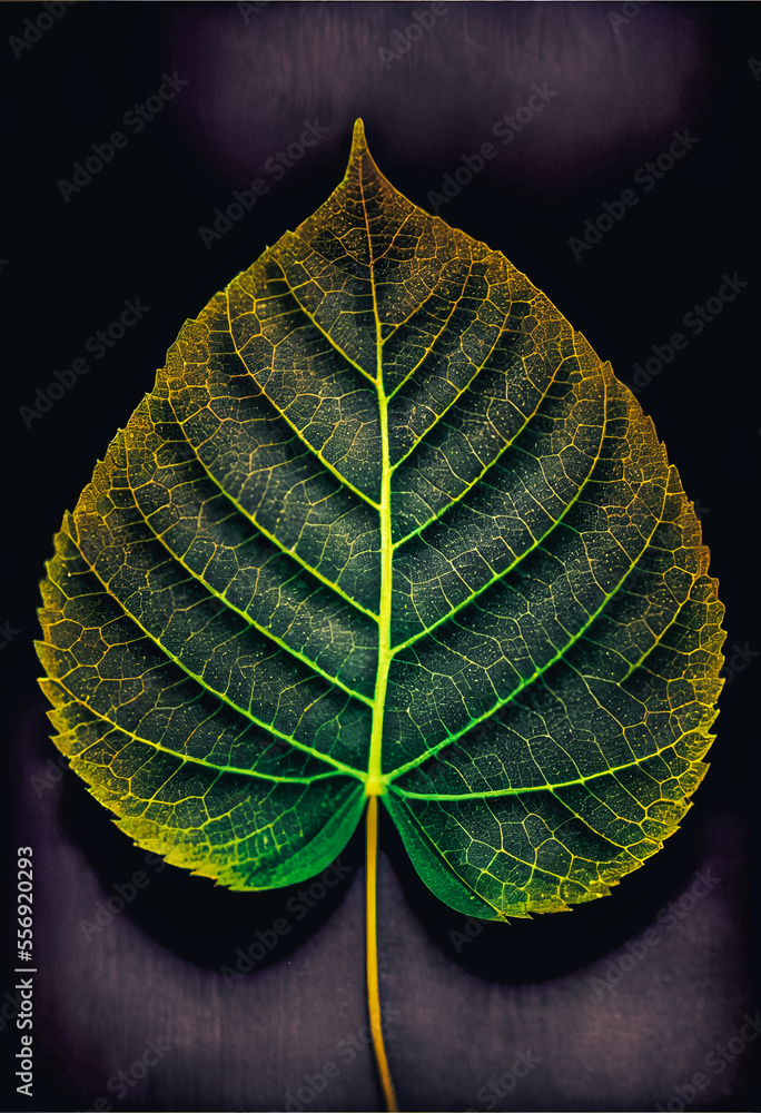 Aufkleber Close up Beautiful abstract leaf in colorful light. Minimalism modern style concept. Dark Background pattern for design.	