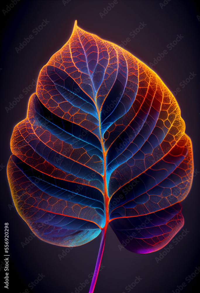 Poster close up beautiful abstract leaf in colorful light. minimalism modern style concept. dark background