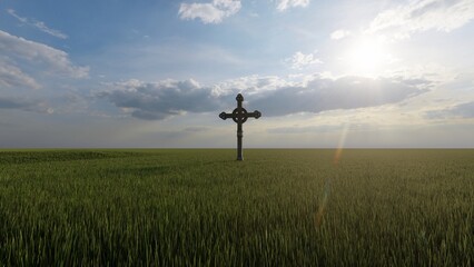 Fototapeta na wymiar cross in the grass field 3d render