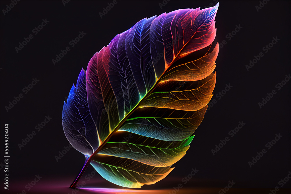 Aufkleber Close up Beautiful abstract leaf in colorful light. Minimalism modern style concept. Dark Background pattern for design.	
