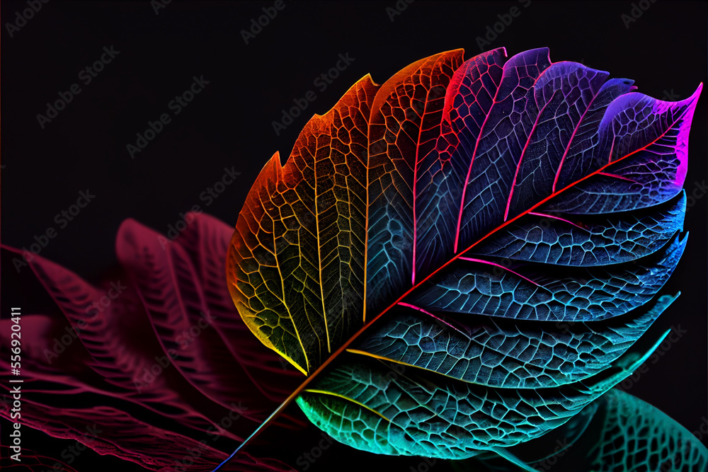 Aufkleber Close up Beautiful abstract leaf in colorful light. Minimalism modern style concept. Dark Background pattern for design.	